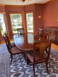 Lineage Solid Dark Hardwood Double Pedestal Dining Table & 6 Matching Chairs With Splat Backs & Gold Accents