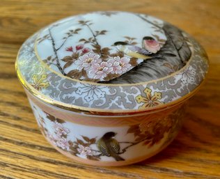 Pretty Lidded Porcelain Dresser Jar With Flowering Tree And Birds
