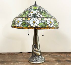 A Gorgeous Bronze And Stained Glass Tiffany Style 'Mushroom' Lamp With Dolphin Motif On Base