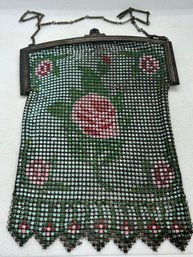 Stunning Antique ART DECO Era Enameled Mesh Purse In Excellent Condition- Circa 1920s