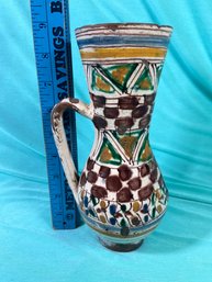 Antique Colorful Hand Painted Ceramic Pitcher 9in