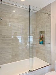 A Barn Door Sliding Glass Shower Enclosure With Polished Nickel Finish - Bath 2B