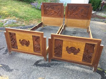 Pair Of Vintage Chinese Hand Carved Bed Frames - Clients Mother Paid $800 For Pair In The 1970s - WOW !