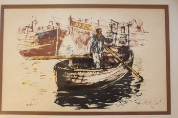 Moshe Gat Artist Proof Man In Boat 18 By 25 Framed