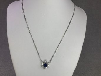 Gorgeous Brand New 925 / Sterling Silver 18' Necklace With Sapphire / Glittering White Zircon Pendant