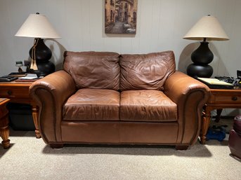 Brown Leather Two Seat Couch With Nailhead Trim