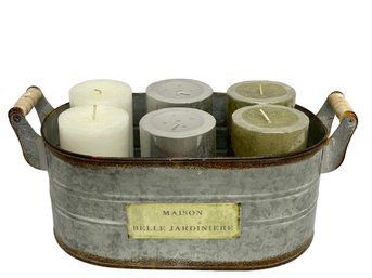 Maison Belle Jardiniere Galvanized Planter With Handles & 6 Pillar Candles