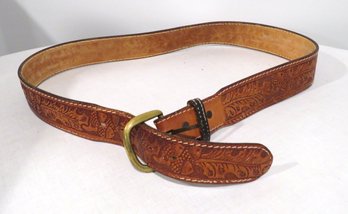 Womens Size 38 Leather Tooled Leather Belt With Brass Belt Buckle