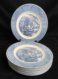 Currier And Ives Royal Ironstone Blue And White 10 Inch Plate Set