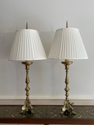 Antique Large Set Of Two 3 Footed Brass Table Lamps