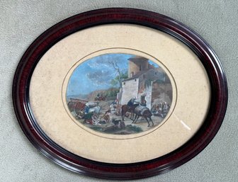 Beautiful Village Scene Miniature Gouache On Board In Oval Frame