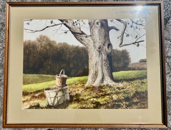 Emmitt Thames Signed Watercolor, Collecting Pecans