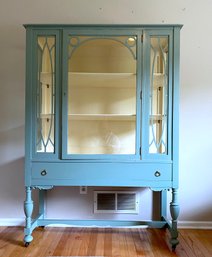 Painted Antique Display China Cabinet With Side Observation Glass - On Original Brass Casters