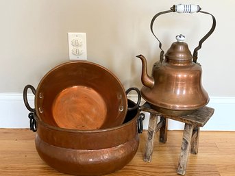 Great Group Of Copper Items & Small Stool