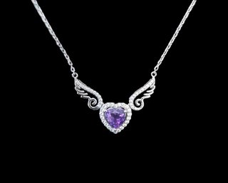 Gorgeous Vintage Sterling Silver Purple Stone Angel Wing Necklace