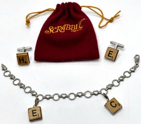 Sterling Silver Scrabble Charm Bracelet (C, E)  & Sterling Silver Scrabble  Cuff Links (E,H) Scrabble Pouch