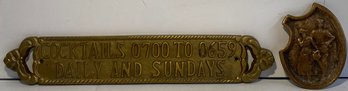 Brass Cocktail Sign And Two Sided Money Tray