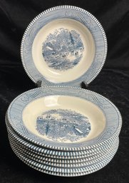 Currier And Ives Royal Ironstone Blue And White 9 Inch Bowl Set