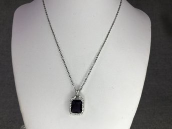 Stunning Brand New 925 / Sterling Silver 18' Necklace & Pendant With Emerald Cut Amethyst With White Zircons