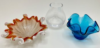 2 Art Glass Bowls & Thick Glass Vase