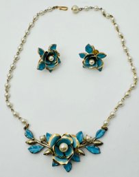 VINTAGE SIGNED CORO GOLD TONE BLUE ENAMEL FAUX PEARL NECKLACE AND SCREWBACK EARRING SET