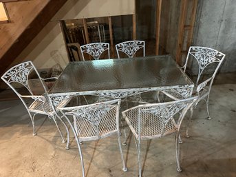 Vintage High End 7 Piece Woodard Orleans Acorn & Vine Wrought Iron Glass Top Table & 6 Chairs.