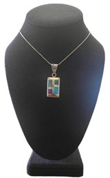 Vintage Italian Sterling Silver Multi Color Inlay Necklace