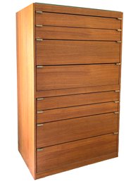 A Vintage Modern Teak Chest Of Drawers With Brass Hardware And Glass Top