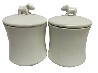 Pair Of White Ceramic Canisters With Dog Tops, Super Cute!