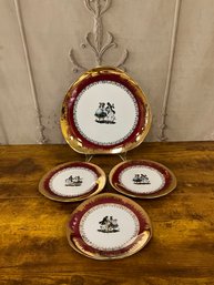 Vintage Hertel Jacob Porzellan Bavaria Red/Gold Gilt Platter & (3) Plates