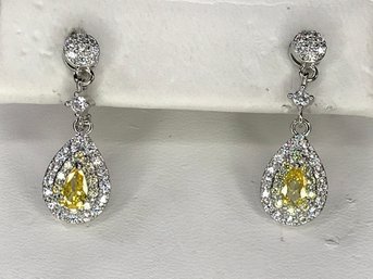 Lovely Brand New Never Worn 925 / Sterling Silver Teardrop Earrings With White & Yellow Topaz - Very Pretty !