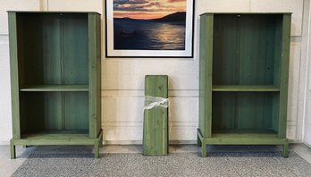 Pair Of Tall Solid Pine Bookcases - Stained In Distressed Antique Green