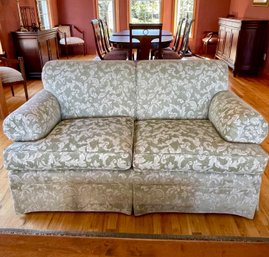 Ethan Allen Green & White Chenille Tapestry Love Seat With Roll Arms