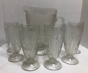 Carnival Glass Pitcher And Six Glasses - Iris Herringbone Pattern