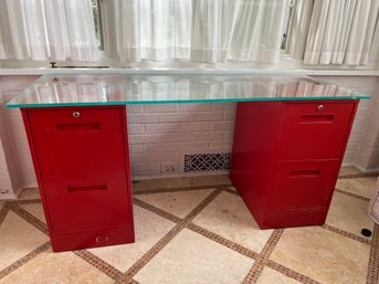 Industrial Look Desk With Plexi Glass Tabletop & Two File Cabinets - 60' X 22' X 28.5'