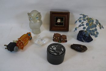 Small Owl Lot Including Beaded Tree, Nightlight, Small Framed Owl Picture, Etc.