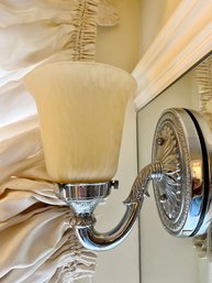 A Set Of 6 Victorian Style Polished Chrome Embossed Metal Sconces With Glass Shades - Primary Bath