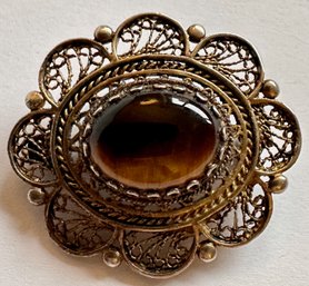 Vintage Gold Wash 925 Sterling Silver & Tiger Eye Filigree Pin Brooch Made In Israel