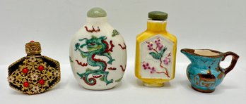 3 Chinese Porcelain Snuff Bottles & 1 Hand-painted Pitcher