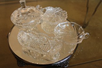 4 Pieces Of Crystal  On 15 In Dia Mirror And Silver Tray