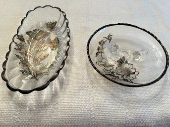 Pair Of Vintage Clear Glass Serving Dishes With Silver Floral Design