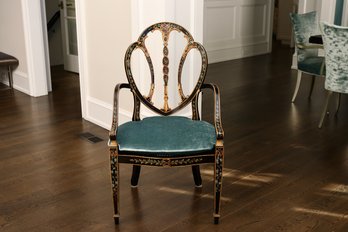 1 Of 2 Neoclassical Hepplewhite Style Tromple L'oeil Floral Black Gold  With Cane Seat And Ice Teal Cushion