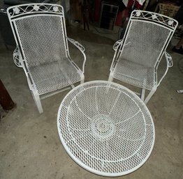 Vintage MCM Pair WOODARD Wrought Iron Patio Chairs With Flex Base And Round Cocktail Table