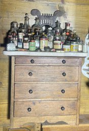 Small Wood Cabinet W Marble Slab- Old Bottles & Containers- Calox, Anacin. Squibb, Tyler's, Sloans And Others