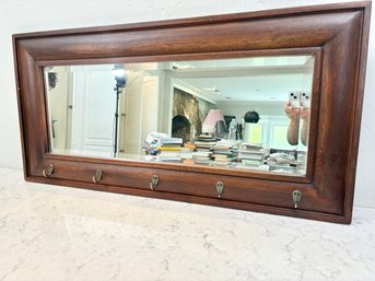 Wood Stained Wall Mirror With Hooks