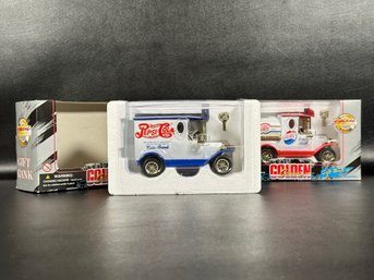 A Pair Of Vintage Die-Cast Pepsi Cola Truck Coin Banks, New/Old Stock