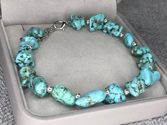 Beautiful Brand New Bracelet With Natutal Form Blue Turquoise Bracelet With Sterling Silver Beads / Clasp