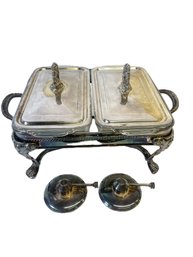 F.B. Rogers Silver Plate Chafing Dish Stand With Two Warmers And Two Fire King 1 Quart Dishes