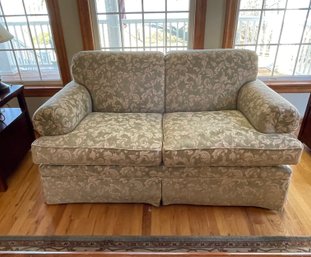 Ethan Allen Light Green & White Chenille Tapestry Love Seat With Roll Arms