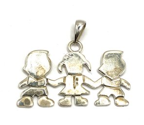 Vintage Large Sterling Silver Children Holding Hands Pendant